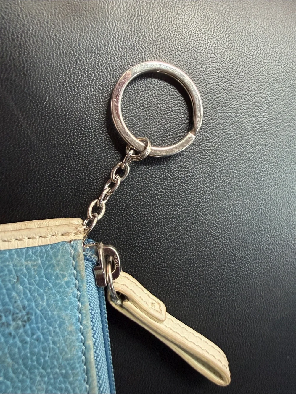 Coach Blue and Cream Leather Key & Card Holder with Key Ring